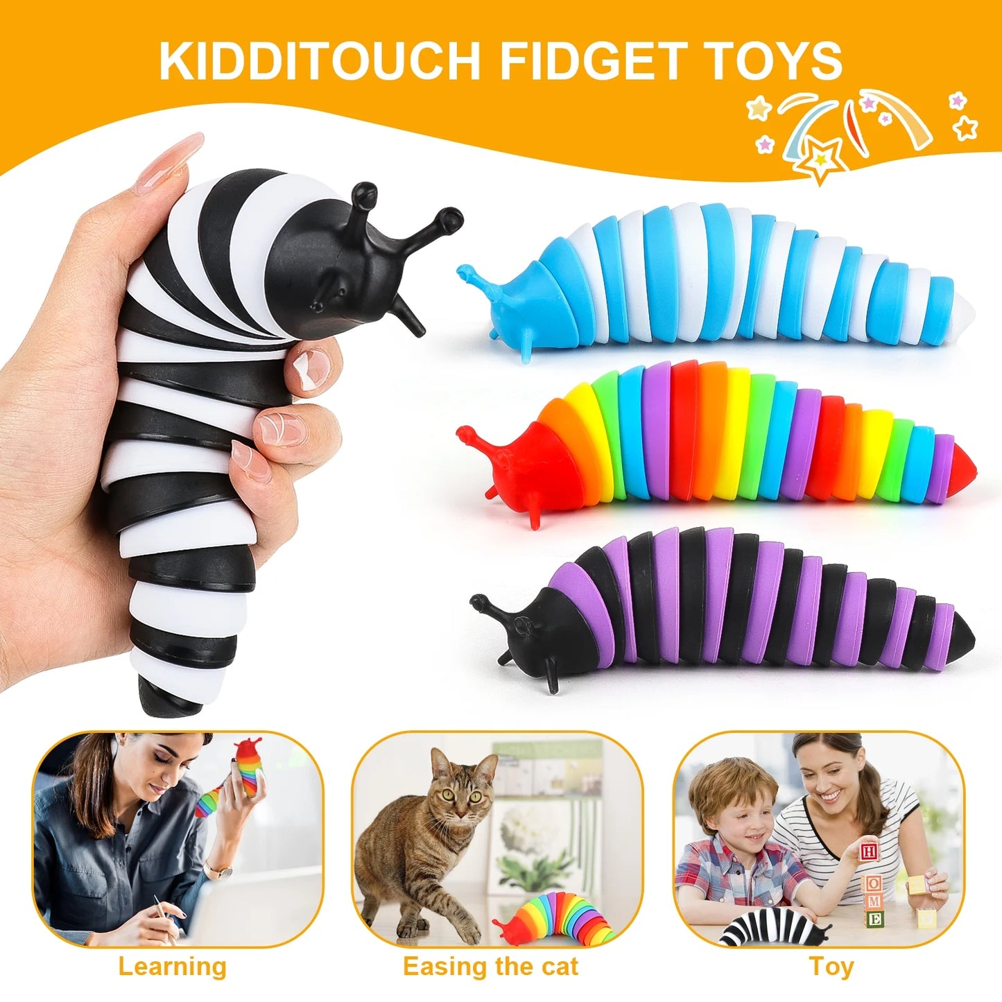 4 Pcs Fidget Toy Slug, Sensory Toys for Autistic Kids & Adults, 3D Articulated Slug Sensory Toys for Autism, Strength Exercise & Stress Relief