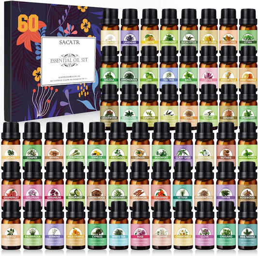 Essential Oil Set - Perfect for Diffuser, Massage, Soap, Candle, Bath Bombs Making, 60X10Ml(0.33Fl.Oz)