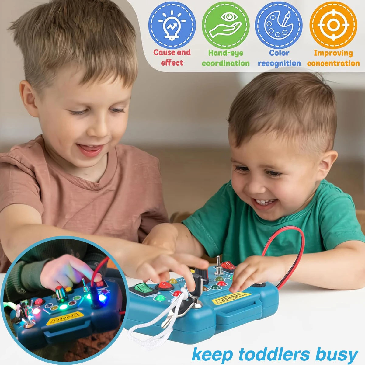 Montessori Busy Board Sensory Toys with LED Light Switch Control Board Travel Activities Children Games for 2-4 Years Old